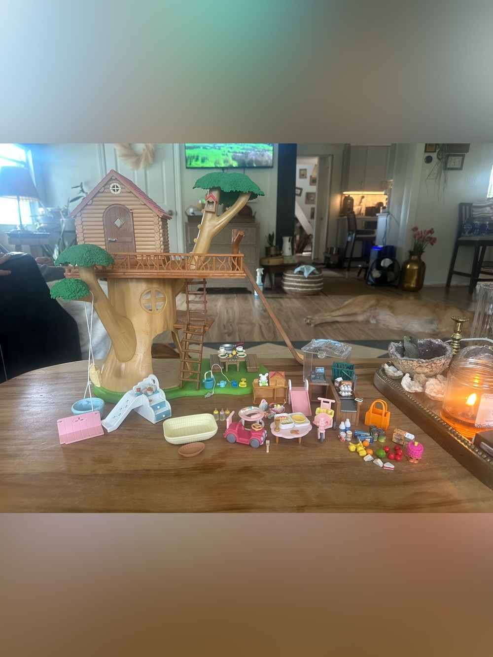 Calico Critters Treehouse Playset baby, tables, grocery  items bundle used marks